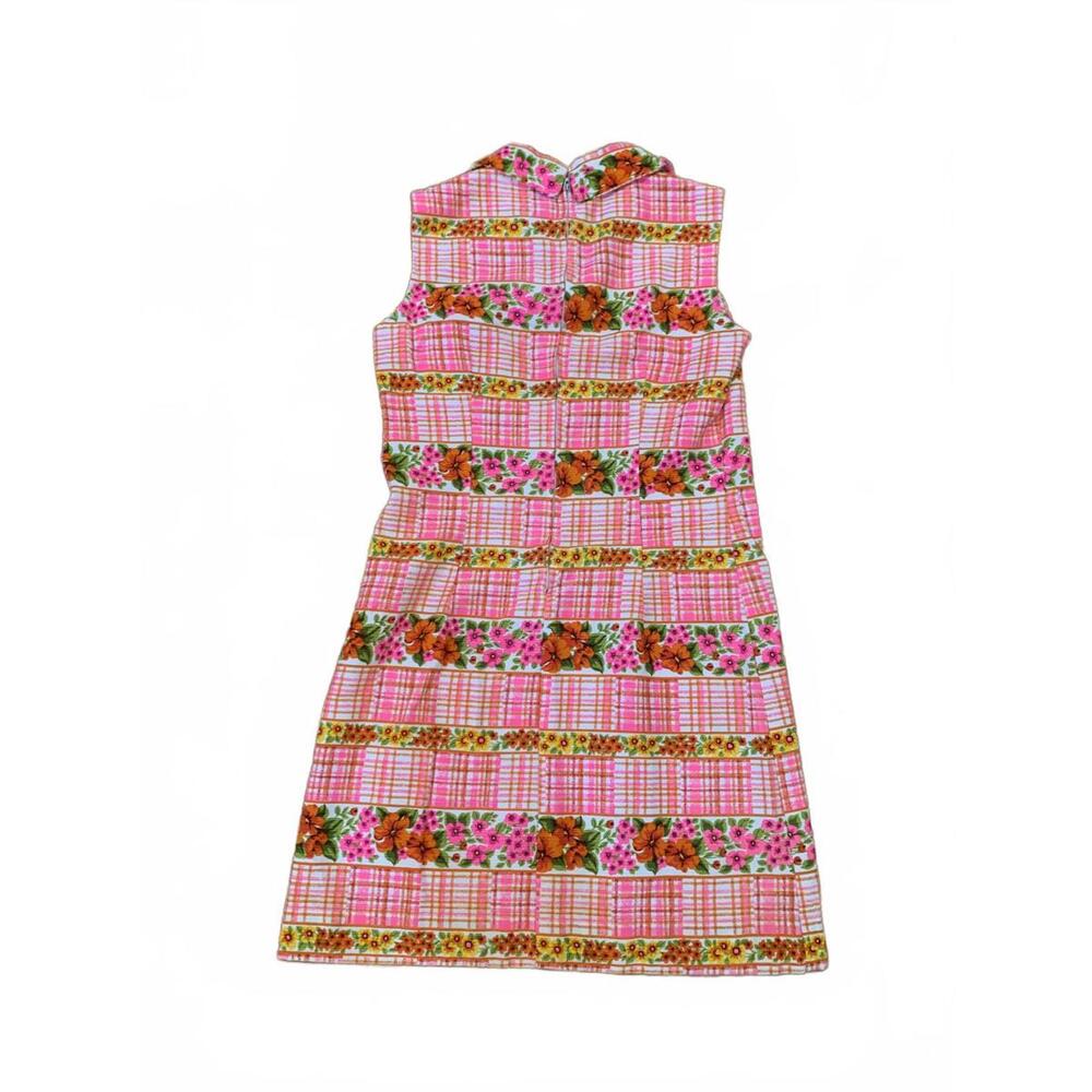 Vintage 60s/70s Liberty Circle Day Glo sleeveless Floral and Plaid Pattern Dress - Picture 4 of 5